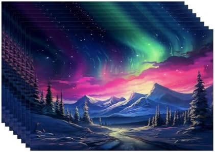 Batmerry Winter New Year Linen Placemats Set of 8, Aurora-s Pink Skies Snowy Mountains Washable Table Mats for Kitchen Table Thickened Heat Insulation Dining Set Indoor Outdoor 12X18 in