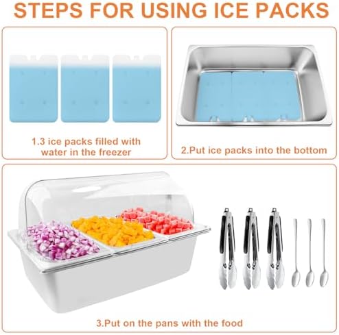 Countertop Food Serving Display Container with Clear Roll Top Cover, Catering Supplies Buffet Display, Perfect Salad Bar Buffet Station for Home and Catering Supplies, Cold Food Buffet Server(3 Pan)