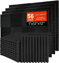 56 Pack Acoustic Foam Panels, 1" x 12"x 12" Sound Proof Foam Panels For Wall Fire Resistant, Noise Cancelling Dampening Sound Absorbing Black Wedge Panels For Studio Recording & Office & Home