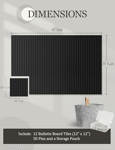 Felt Bulletin Board Tiles 48" x 36", Large Pin Board Wall Organizer Alternative, Self Adhesive Felt Wall Panels with 50 Push Pins & Storage Pouch for Office, Bedroom and Study Room, Black