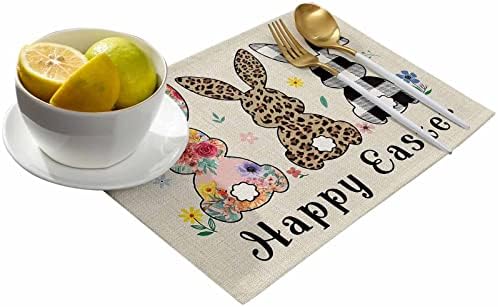 Artwork Store Happy Easter Placemats Set of 4,Cotton Linen Heat Resistant Table Mats Washable Cute Easter Bunny Florals Flowers Rabbit Placemat for Holiday Banquet Party Dining Kitchen Table Decor