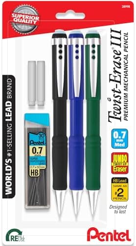 Pentel Twist Erase III Mechanical Pencil 0.7mm - Pre-Loaded Super Hi-Polymer HB Lead - Assorted Color Barrels - Pack of 3 + Lead & Eraser Refills