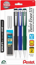 Pentel Twist Erase III Mechanical Pencil 0.7mm - Pre-Loaded Super Hi-Polymer HB Lead - Assorted Color Barrels - Pack of 3 + Lead & Eraser Refills