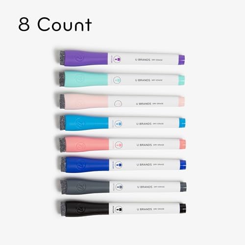 U Brands Fine Tip Dry Erase Markers with Eraser, Low Odor Whiteboard Markers Fine Tip, Assorted Bright Colors, Set of 8
