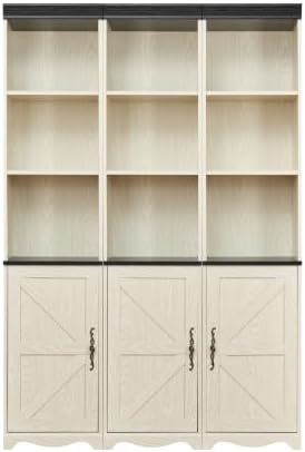 KEIKI Farmhouse Bookcase with Storage Cabinets, Modular Bookshelf, White