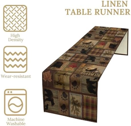 Rustic Bear Table Runner, Vintage Cottage Country Style Pine Tree Elk Wildlife Dinner Runner for Home Kitchen Dining Table Decoration 13"x120"