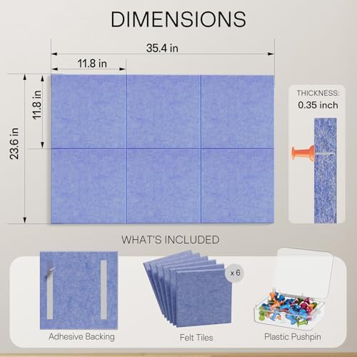 MaxGear Felt Bulletin Board 36" x 24", Sky Blue Felt Wall Tiles Push Pins