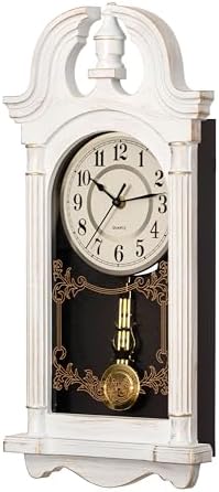 Clockswise Vintage Grandfather-Style Wall Clock with Wood-Effect Plastic Pendulum Battery-Operated for Home Decor Living Room Home Office Kitchen or Dining Room (White)