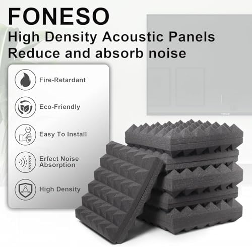 Foneso 12 Pack Sound Proof Foam Panels for Walls, 12''x12''x2'' Acoustic Foam Panels with Self-Adhesive, High Density Pyramid Sound Absorbing Padding for Sound Studio, Podcast Recording and Offices