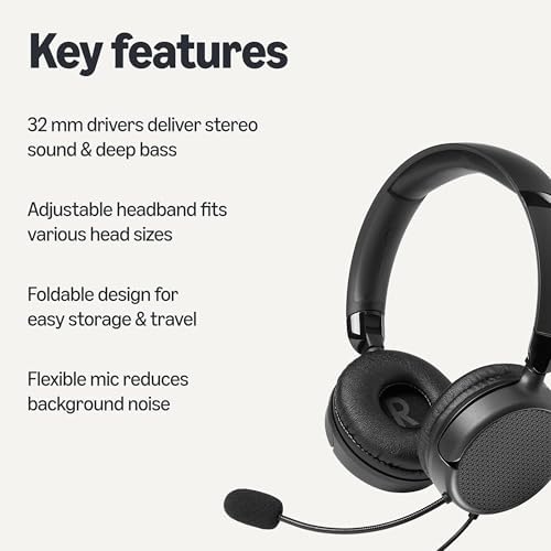 Amazon Basics On Ear Wired Computer Headset with Adjustable Microphone, 3.5mm Port or in-Line Control with USB-A Port, Foldable, Clear Sound, Small/Medium Size, Black (Pack of 2)