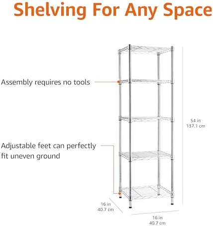 Amazon Basics 5-Shelf Tower Adjustable Storage Shelving Unit, Chrome, 16" x 16" x 54", 150 lbs Per Shelf