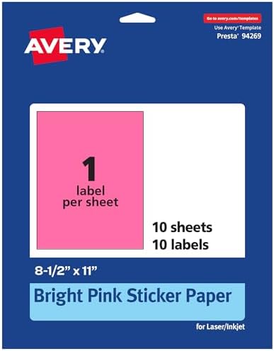 Avery Printable Sticker Paper, 8-1/2" x 11", Full-Sheet Labels, Bright Pink Labels, Laser/Inkjet Printable, 10 Total, Great for Packaging and Stickers