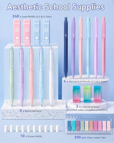 XKDOUS Mechanical Pencil Set, Cute Aesthetic School Supplies Stationery | 0.5 & 0.7mm Mechanical Pencils with 240 Lead Refills, 5 Gel Pens & Index Stickers, Cute Stationery Set for Writing