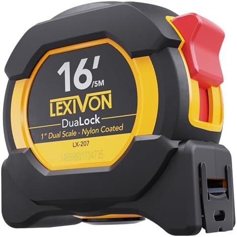 LEXIVON 16Ft/5m DuaLock Tape Measure | 1-Inch Wide Blade with Nylon Coating, Matt Finish White & Yellow Dual Sided Rule Print | Ft/Inch/Fractions/Metric (LX-207)