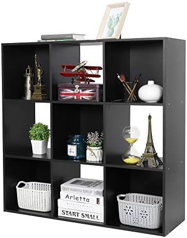 SUPER DEAL 9 Cube Open Shelf Bookcase 3 Tier Bookshelf Wood Cabinet Storage Organizer Display Shelves with 5 Removable Back Panels for Home, Office, Bedroom, Living Room, Black