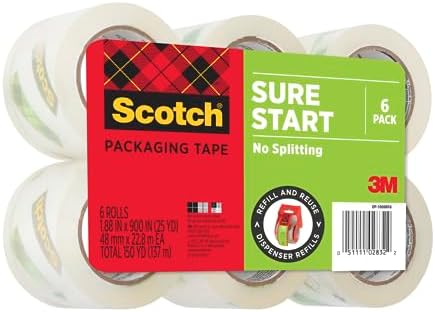 Scotch Sure Start Packing Tape Clear | Quiet Unwind | Easy Start Technology | 1.88 in x 25 yd | 6 Rolls, Pack of 6