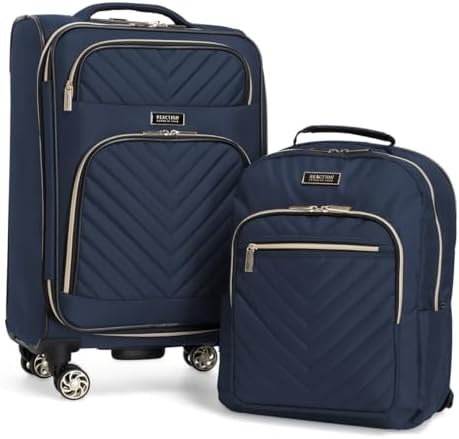 Kenneth Cole REACTION Chelsea 2-Piece Bundle - 20" Chevron Expandable 8-Wheel Carry-On Suitcase & Matching 15" Laptop Backpack, Navy