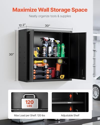 VEVOR Metal Wall Cabinet, 30W x 12.2D x 30H Inch, Steel Floating Hanging Storage Cabinet with Locking Doors and Adjustable Shelf for Garage, Basement, Kitchen, Warehouse Assembly Required, Black