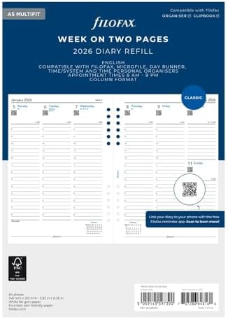 Filofax Calendar Diary Refill, A5 Size, Week-to-View with Appointments, Vertical, Multi-Fit, White Paper, English, 2026 (C68521M-26)