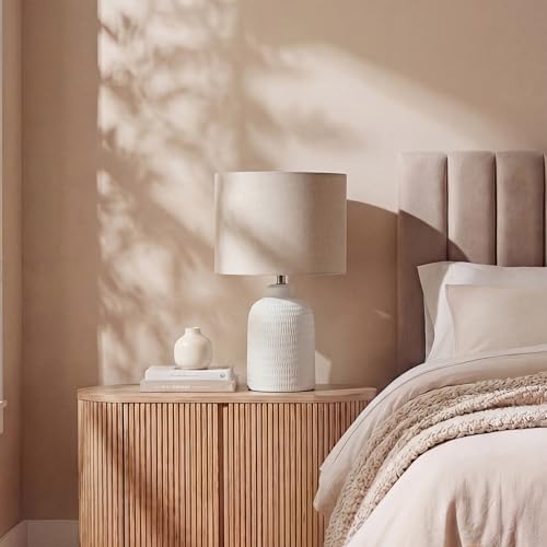 Nourison Home 24" White Textured Ceramic Table Lamp with Tan Linen Shade, Modern Accent Lamp, Bedside Lamp for Bedroom, Nightstand, Living Room