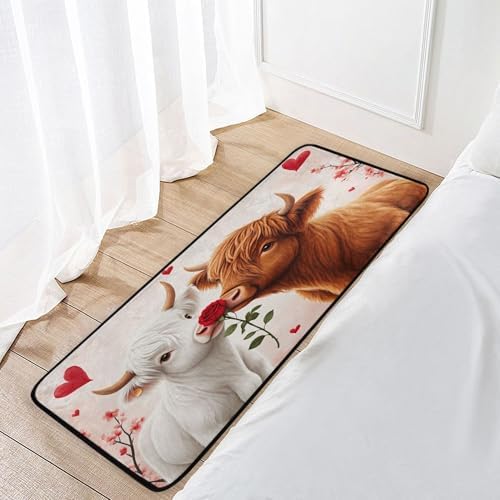 Aslsiy Highland Cow Rose Heart (2) Kitchen Rug Kitchen Mats Valentines Floor Comfort Welcome Washable Non Slip Area Rug for Home Decor 39" X 20"