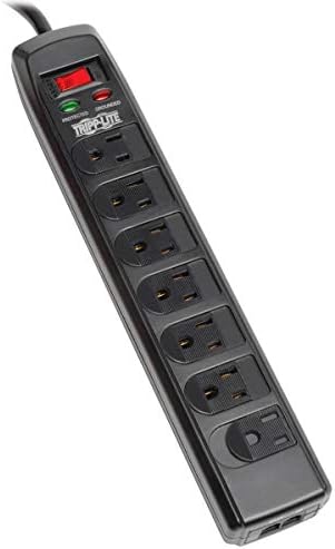 Tripp Lite 7 Right Angle Outlet Surge Protector Power Strip, 6ft. Cord, Right Angle Plug, 1440 Joules, Tel/Modem Protection, Safety Covers, 50K Insurance & (TLP706TELC) Black
