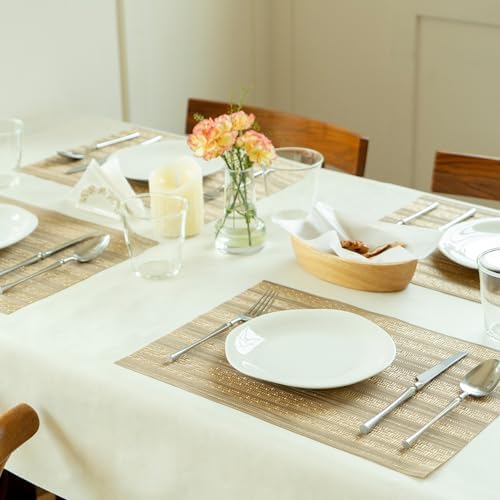 Placemats Set of 6 Vinyl/Plastic Woven Place Mats for Kitchen Table Indoor/Outdoor Washable Placemat Wipeable Dining Table Mats (Aurora Gold,6)