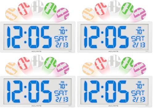 AcuRite 14.5" Oversized, Multicolor LED Clock with Indoor Temperature, Day of the Week, and Date (75160M) (Pack of 4)