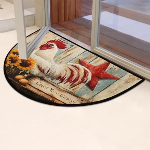 Rooster Sunflower Wood Half Round Door Mat Non Slip Washable Semi Circle Area Rug Absorbent Soft Half Moon Rug Floor Mat for Indoor Outdoor Kitchen Bathroom Patio Front Door Mat Decor