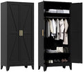 Washsemba 71'' Farmhouse Metal Wardrobe Cabinet with Hanging Rod, 2 Barn Door Wardrobe Closet with 2 Adjustable Shelves,for Dining Room,Bedroom,Living Room, Cloak Room,Office (Black)