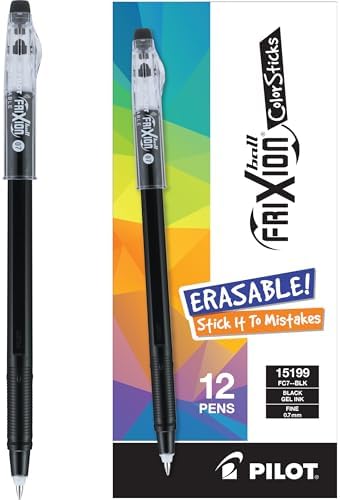 PILOT FriXion ColorSticks Erasable Gel Ink Pens, Black, Pack of 12