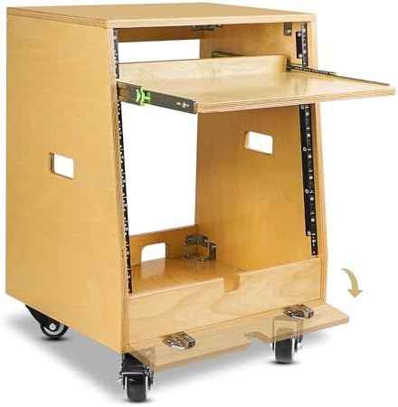 Sound Town DIY Slanted 10U Studio Rack (2U Top + 8U Lower), with 2U Bottom Storage, Slide-Out Tray, Caster, Plywood, Golden Oak For Recording Room, Home Studio (SDRK-ST10T)