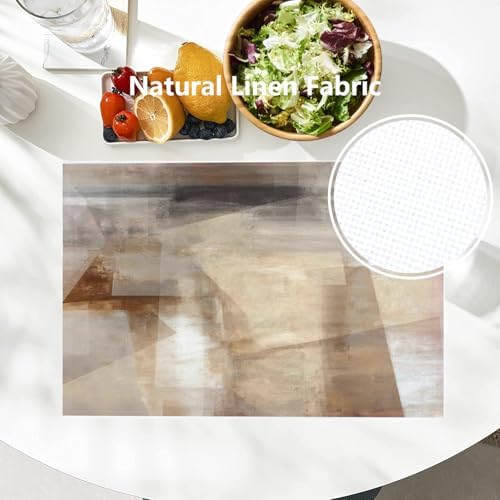 Batmerry Brown Abstract Art Linen Placemats Set of 8, Beige Painting Washable Table Mats for Kitchen Table Thickened Heat Insulation Dining Set Indoor Outdoor 12X18 in
