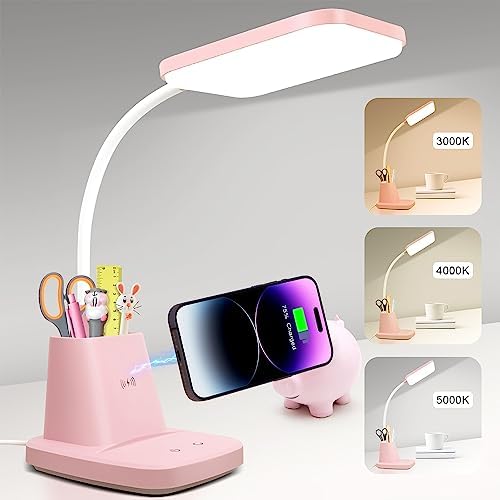 LED Desk Lamp with 10W Wireless Charging & Pen Holder, Pink