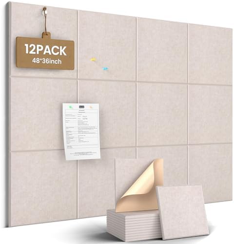 JBER Felt Bulletin Board 48" x 36", 12 Pack Felt Wall Tiles, Light Camel