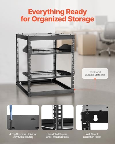 VEVOR 12U Server Rack, Open Frame Network Rack for IT & AV Gear, Floor Standing or Wall Mounted,with 2PCS 1U Rack Shelves & Mounting Hardware, AV Rack for 19" Networking,Audio and Video Device