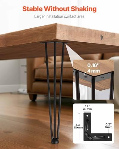 VEVOR Hairpin Table Legs 20" Black Set of 4 Desk Legs 880lbs Load Capacity (Each 220lbs) Hairpin Desk Legs 3 Rods for Bench Desk Dining End Table Chairs Carbon Steel DIY Heavy Duty Furniture Legs
