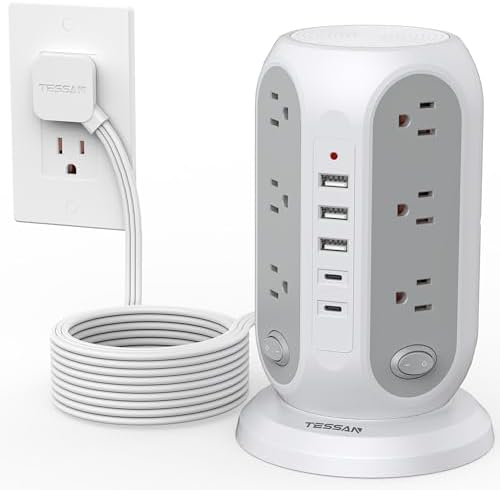 TESSAN Tower Power Strip Surge Protector, Flat Extension Cord 15 Ft, Grey