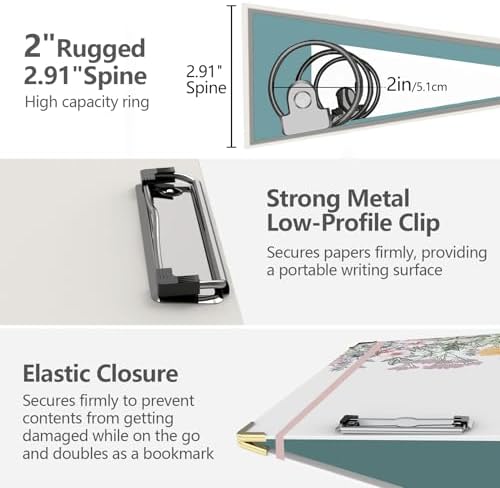 3 Ring Binder 2 Inch, Round Ring Binders with 6 Tab Dividers, 2 Interior Storage Pockets, Cute Low Profile Clipboard, Fashion School Office Supplies, Folders Organizer, Portfolio (Wild Flowers)