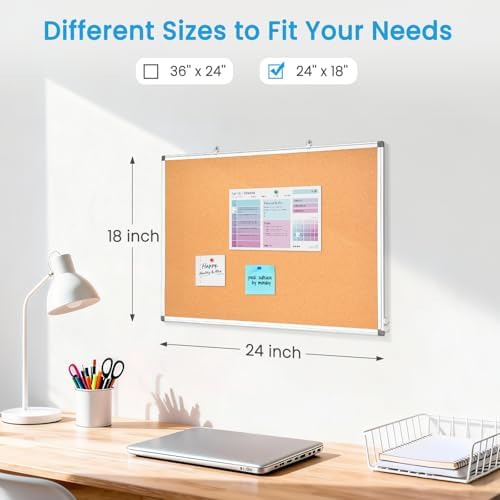 Double-Sided Cork Bulletin Board for Wall, WALGLASS 24" x 18" Notice Board