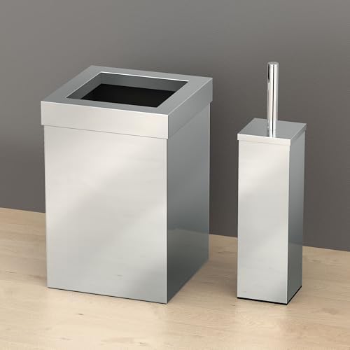 Gatco Small Bathroom Trash Can with Lid and Toilet Brush Set, Square 3 Gallon Stainless Steel Wastebasket, Under Sink, Chrome, for Bathroom, Bedroom, Office (2970)