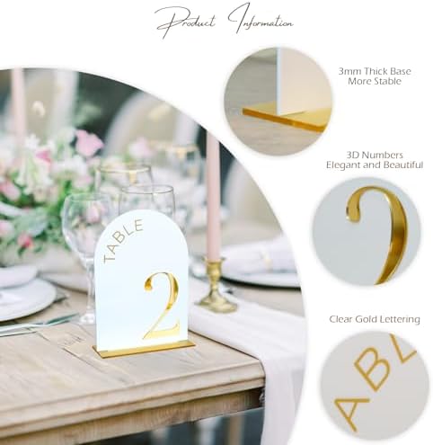 White Arch Wedding Table Numbers 1-20, Gold Numbers and Stands