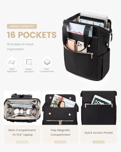 LOVEVOOK Laptop Backpack for Women, 15.6 Inch Work Laptop Bag with USB Port, Fashion Teacher Nurse Backpack Purse, Waterproof Travel Computer Backpack with Organizer Bag, 2PCS, Black