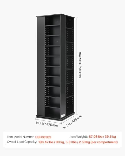 VEVOR Media Storage Cabinet, CD Rack Tower, 34 Compartments Rotating Media Tower Rack for CDs, DVDs, Books and Game Discs, DVD Stand for Living Room, Home Office and Recording Room, Black