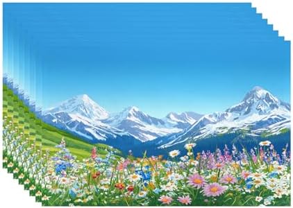 Batmerry Serene Environment Alpine Ry Linen Placemats Set of 8, Blooming Flora Mountainous Terrain Washable Table Mats for Kitchen Table Thickened Heat Insulation Dining Set Indoor Outdoor 12X18 in