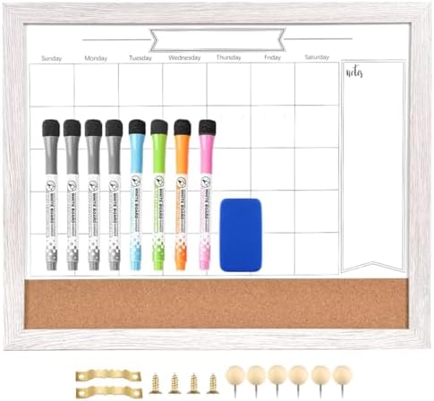 Dry Erase Calendar Whiteboard for Wall, Combination Magnetic Dry Erase White Board & Bulletin Board, 13" x 17" White Wood Framed Calendar/Cork Combo Board,Including 8 Markers and 1 Eraser(WH-3343+1)