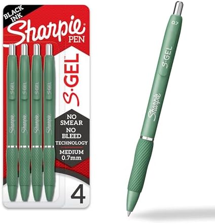 Sharpie S-Gel Gel Pens, Green Barrel, Black Ink, Medium Point (0.7mm), 4 Count - For Home, Office, College, Journaling, Drawing, Note-Taking, Writing