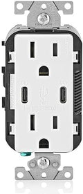 Leviton 30W (6A) USB Dual Type-C/C in-Wall Charger with 15A Tamper-Resistant Outlet, USB Charger for Smartphones and Tablets, Not for Laptops, T5637-W, White