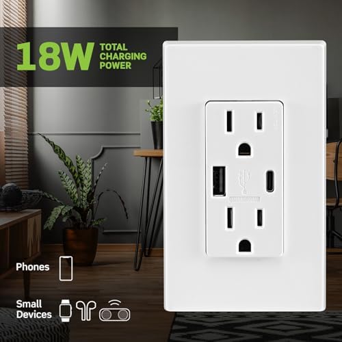 Leviton 18W USB Type-A/C in-Wall Charger with 15A Tamper-Resistant Outlet, USB Charger for Smartphones, Not for Laptops, T5638-W, White