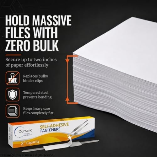 Self Adhesive Prong Paper Fasteners 100 Pack, 2 Inch Capacity, Steel Base